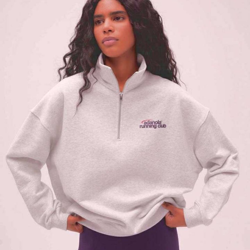 ADANOLA Quarter Zip Funnel Neck Sweatshirt Loose-fit Beige Tan Logo XS